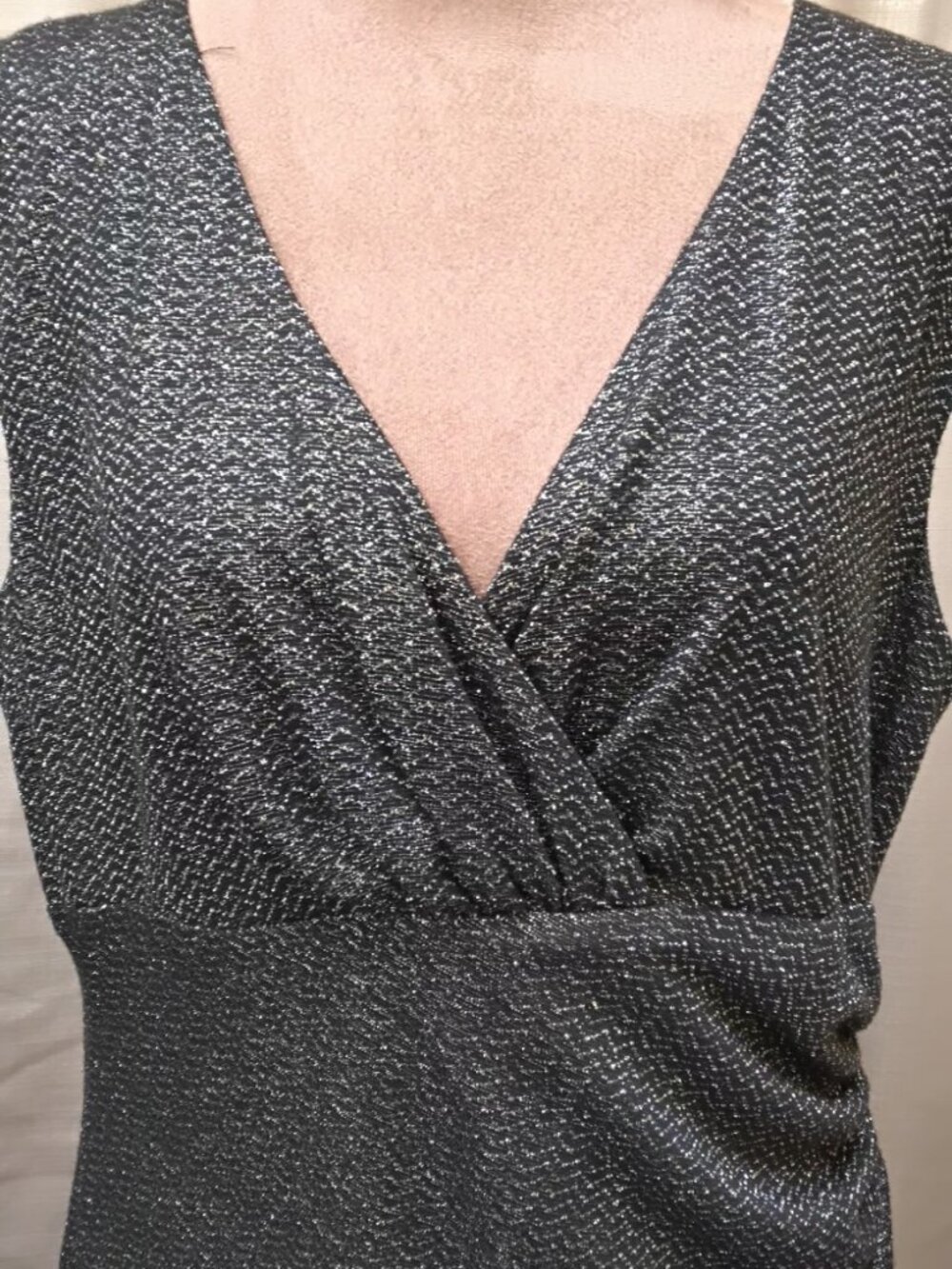 American Living Silver & Black Metallic Sleeveless Faux-wrap Dress Size 16 $25